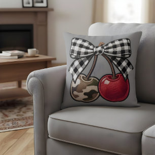 Cherry Bomb Camo & Plaid Faux-Embroidery Throw Pillow
