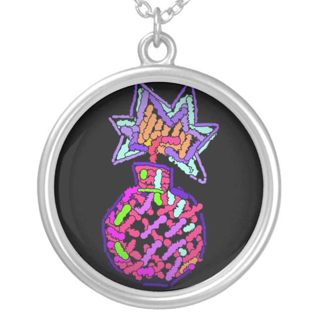 Cherry Bomb Cross Stitch Print Silver Plated Necklace (Front)