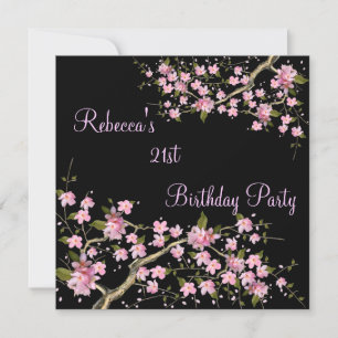 Cherry Bossom 21st Elegant Birthday Party Black Invitation