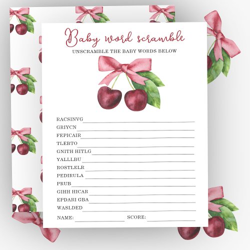 Cherry bow baby shower Baby word scramble game