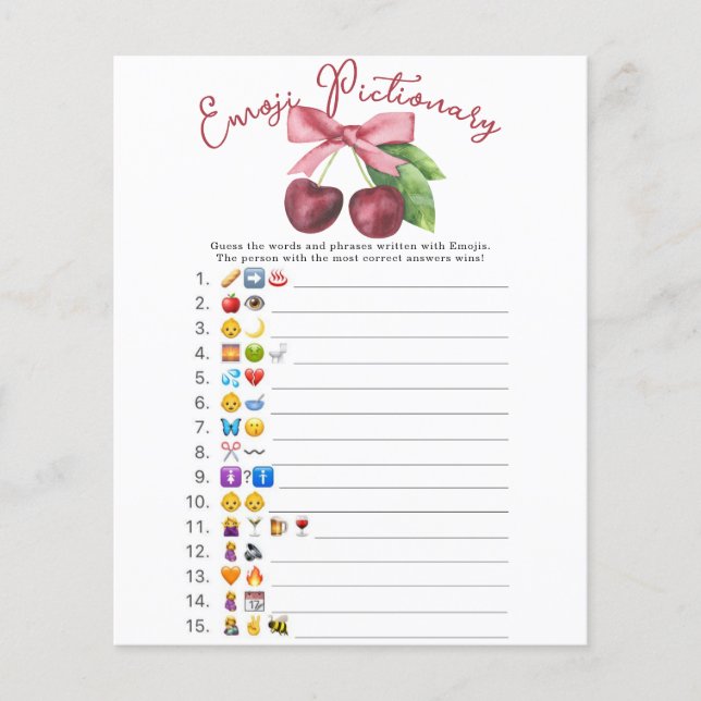 Cherry bow baby shower Emoji Pictionary game  (Front)