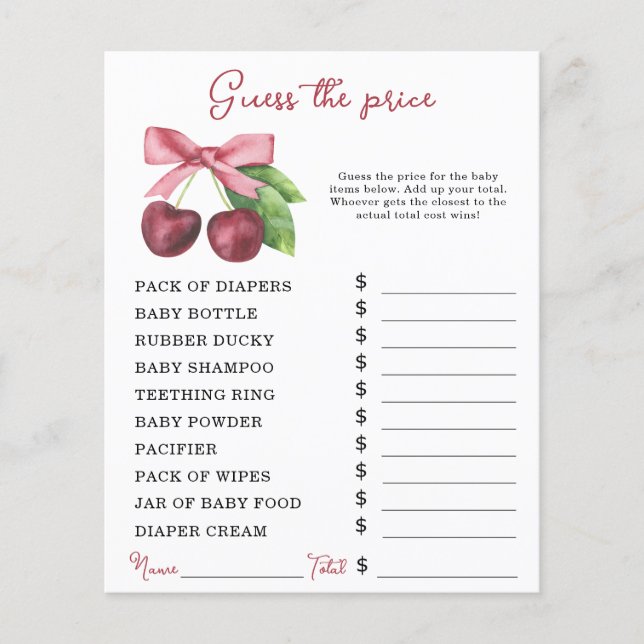 Cherry bow baby shower Price guess game (Front)