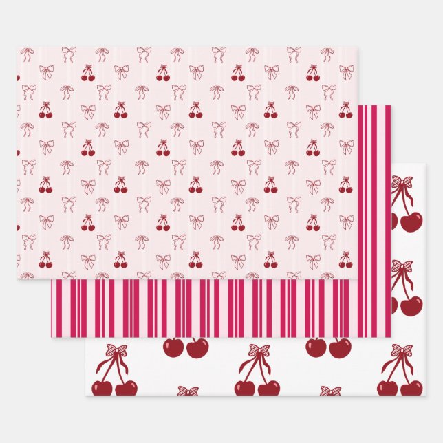 Cherry Bow Coquette Pink Pattern Cute Craft Stripe Wrapping Paper Sheets (Set)