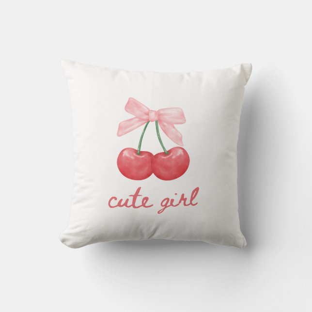 Cherry Bow Cute Girl Design Throw Pillow (Front)