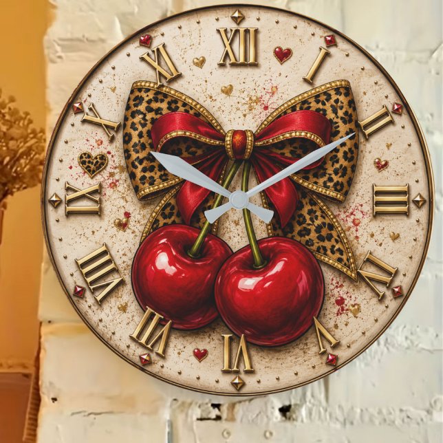 Cherry Bow Cute Leopard Print Coquette Cherry Large Clock (Creator Uploaded)