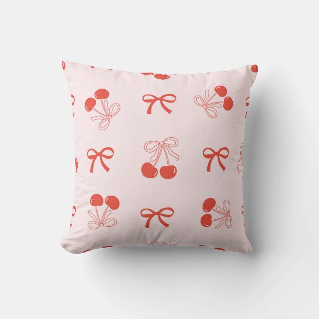 Cherry Bow Elegance Throw Pillow (Front)