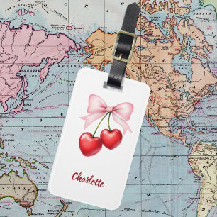 Cherry bow pink name luggage tag