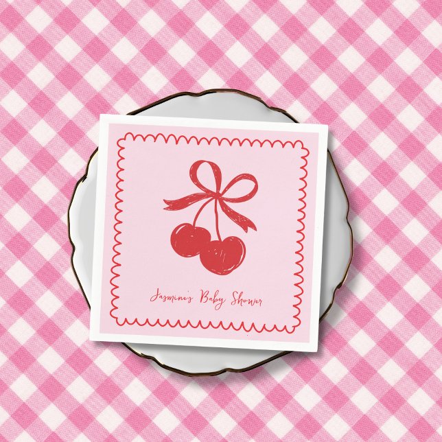 Cherry Bow Pink & Red Hand Drawn Baby Shower Napkins (Cherry Bow Pink & Red Hand Drawn Baby Shower Napkins)