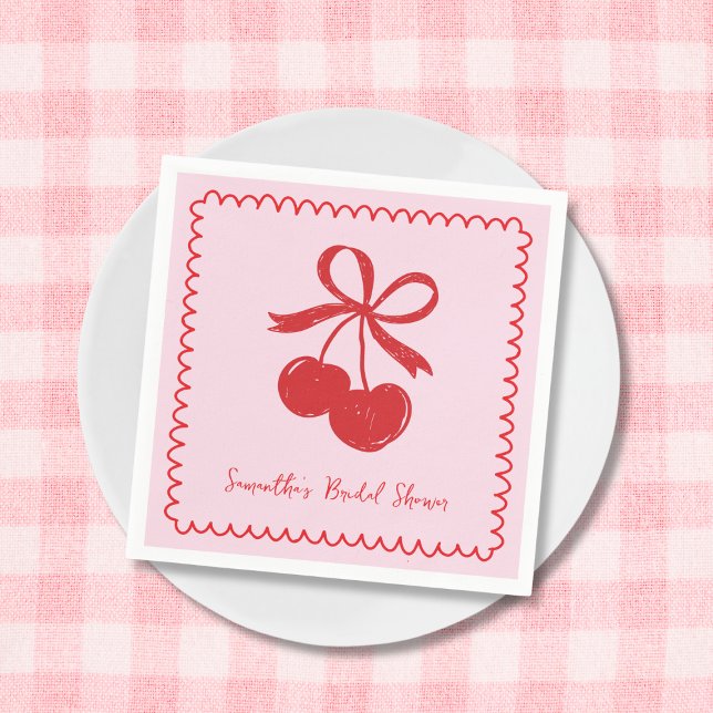 Cherry Bow Pink & Red Hand Drawn Bridal Shower Napkins (Cherry Bow Pink & Red Hand Drawn Bridal Shower Napkins)