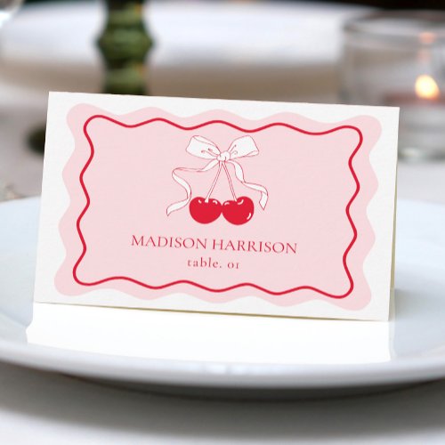 Cherry Bow Red Pink Wedding Name Place Card DIY