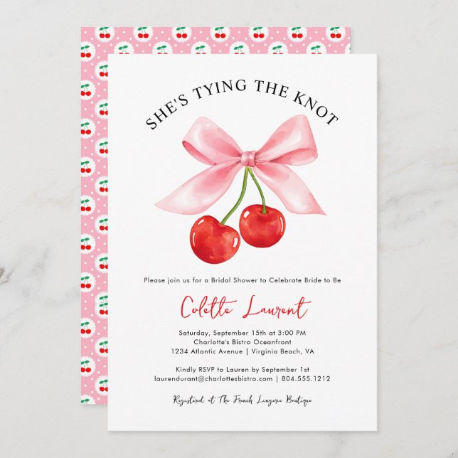 Cherry Bow Tying the Knot Bridal Shower  Invitation (Front/Back)