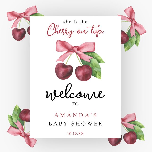 Cherry bow welcome baby shower party poster (Creator Uploaded)