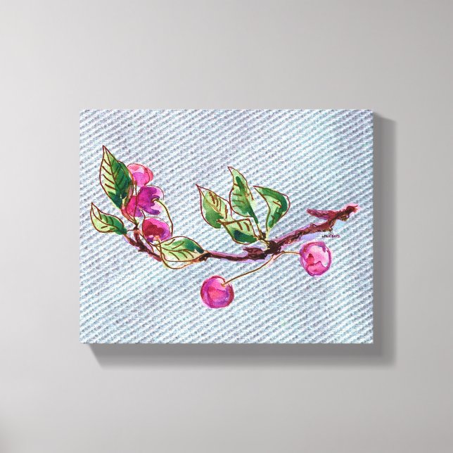 Cherry Branch on denim Canvas Print (Front)