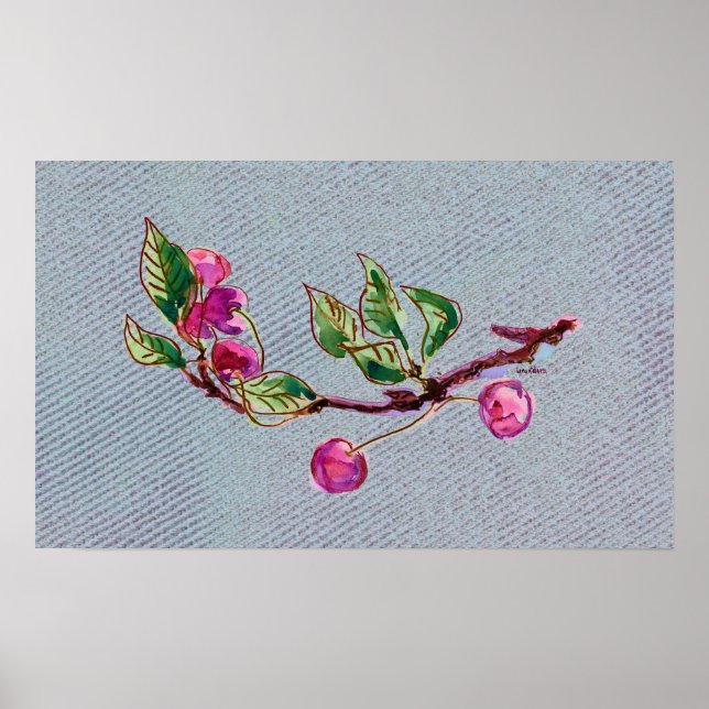Cherry Branch on denim Poster (Front)