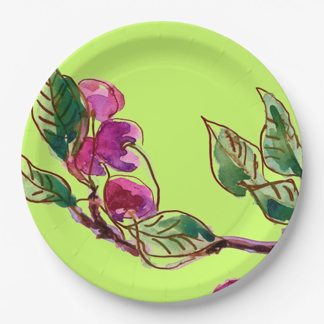 Cherry Branch on Green by Linandara Paper Plates (Front)