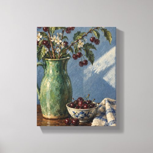 Cherry Branches in a Jade Pitcher - Cottage Still Canvas Print