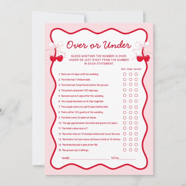 Cherry Bridal Shower Over or Under Game Card (Front)
