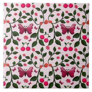 Cherry Butterfly Floral Seamless Pattern Ceramic Tile