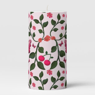Cherry Butterfly Floral Seamless Pattern Pillar Candle