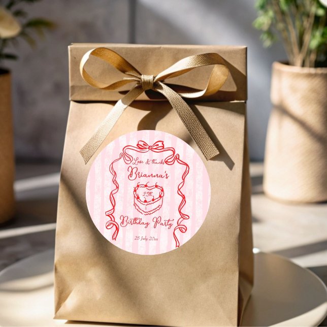 Cherry cake pink coquette bow birthday party classic round sticker (Cherry cake pink handrawn sketch bow ribbon coquette birthday party thank you favor sticker)