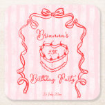 Cherry cake pink coquette bow birthday party favor square paper coaster<br><div class="desc">Cherry cake pink coquette bow rainbow border birthday party favors monogrammed coasters template,  whimsical birthday party personalized coasters,  handrawn sketch ribbon border cherry cake party personalized table decor printed coasters</div>