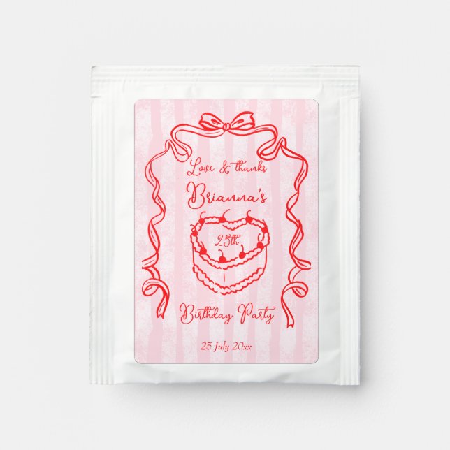Cherry cake pink coquette bow birthday party favor tea bag drink mix (Front)