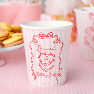 Cherry cake pink coquette bow birthday party paper cups