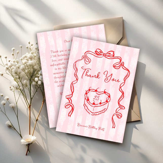 Cherry cake pink coquette bow birthday party thank you card (Cherry cake pink coquette handrawn sketch bow birthday party thank you cards)