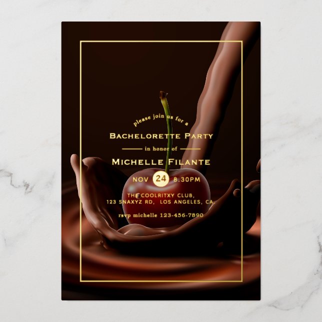 Cherry Chocolate Splash Bachelorette Party Foil In Invitation (Front)