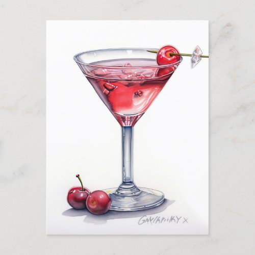 Cherry Cocktail Art Postcard