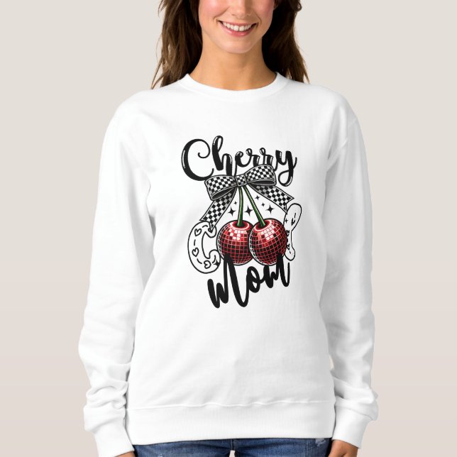 Cherry Cool Mom Red Disco Cherries Checkered Bow Sweatshirt (Front)
