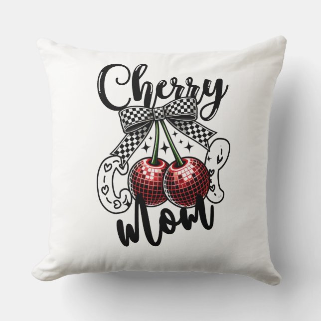 Cherry Cool Mom Red Disco Cherries Checkered Bow Throw Pillow (Front)