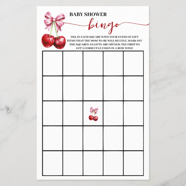 Cherry Coquette Baby Shower Bingo Game Card Flyer (Front)
