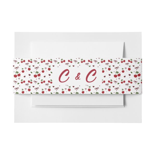 Cherry Couple Pink & Red Wedding Invitation Belly Band (Front Example)