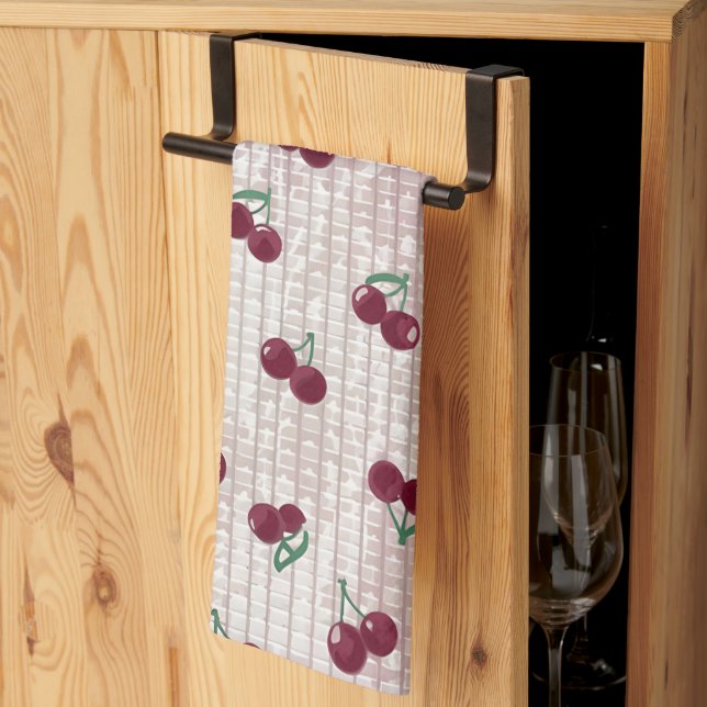 Cherry Crochet Blanket Illustration – Pastel Pink  Kitchen Towel (Thirds Fold)
