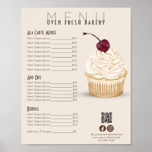 Cherry Cupcake Beige Menu Bakery Price List Poster
