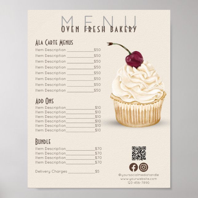 Cherry Cupcake Beige Menu Bakery Price List Poster (Front)