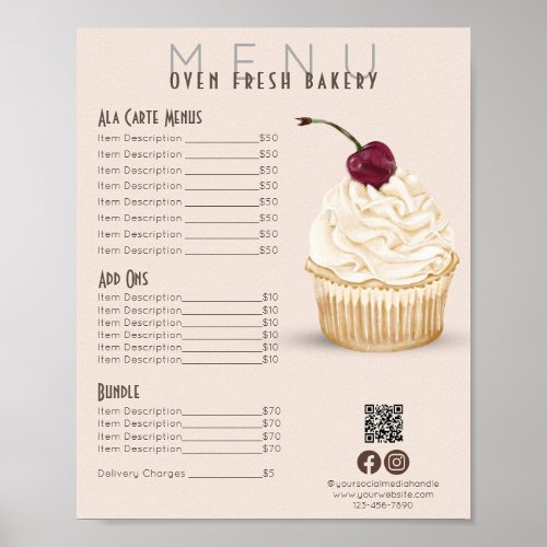 Cherry Cupcake Blush Menu Bakery Price List Poster