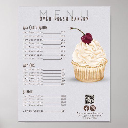 Cherry Cupcake Gray Menu Bakery Price List Poster