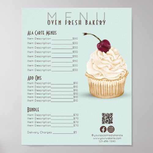 Cherry Cupcake Mint Green Menu Bakery Price List Poster