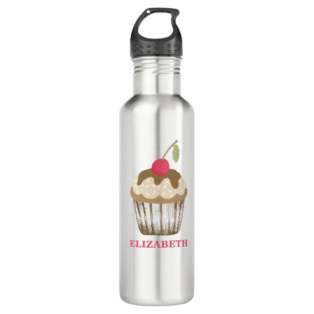 Cherry Cupcake Water Bottle – Cute Pink Stainless  (Front)