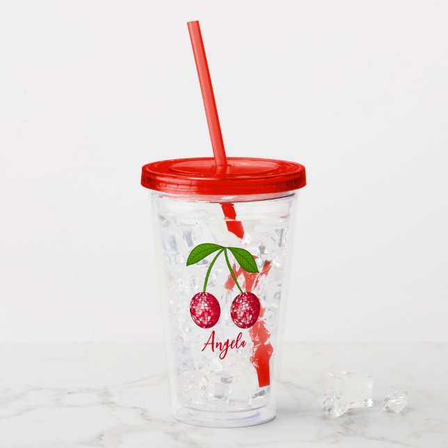 Cherry Disco Ball Custom Name Acrylic Tumbler (Front Ice)