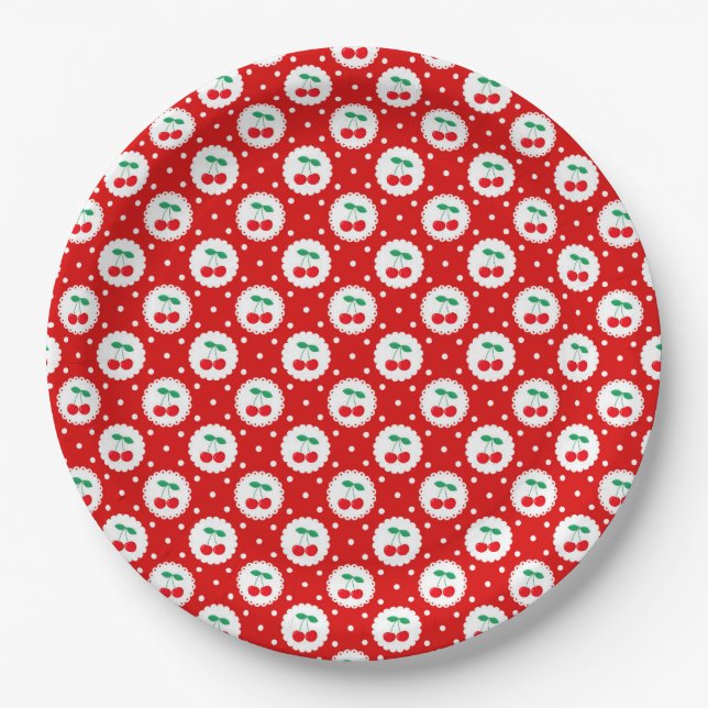 Cherry Dot Pattern – Retro Fruit Gift & Decor Paper Plates (Front)