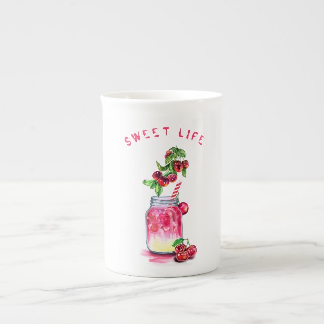 Cherry Drink Bone China Mug - Custom Text (Front)