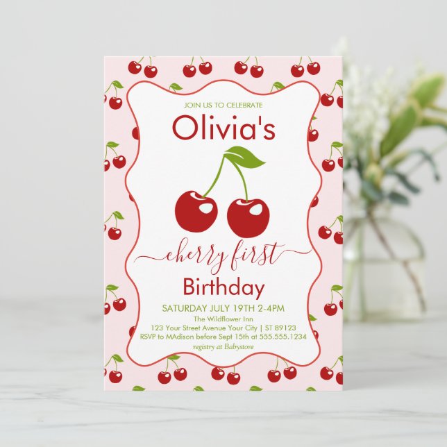 Cherry First Birthday Cherries 1st Birthday Invitation (Standing Front)