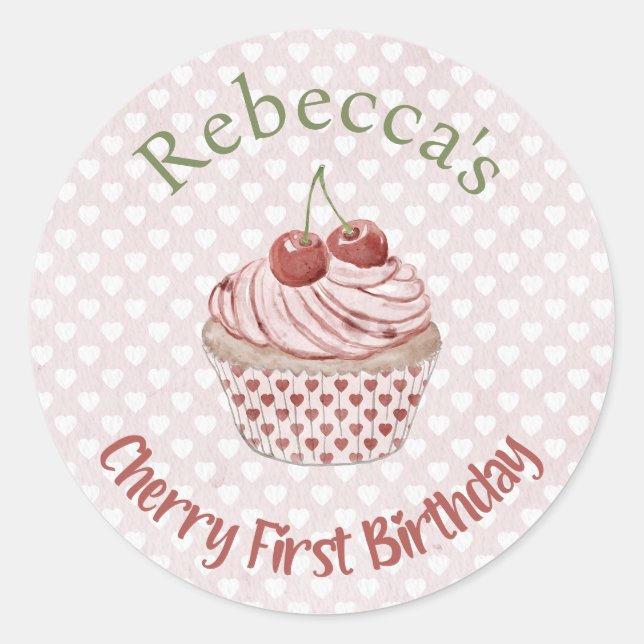 Cherry First Birthday Coquette Watercolor Cupcake Classic Round Sticker (Front)