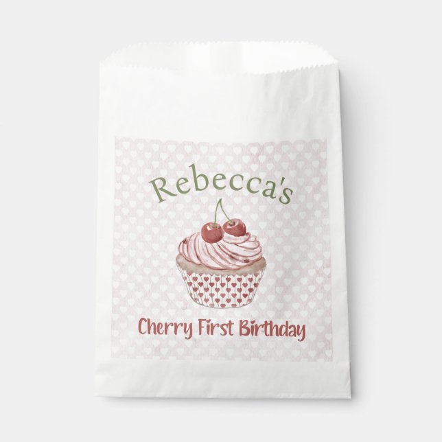 Cherry First Birthday Coquette Watercolor Cupcake Favor Bag (Front)