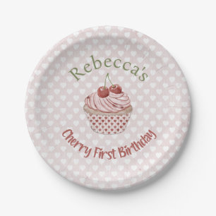 Cherry First Birthday Coquette Watercolor Cupcake Paper Plates