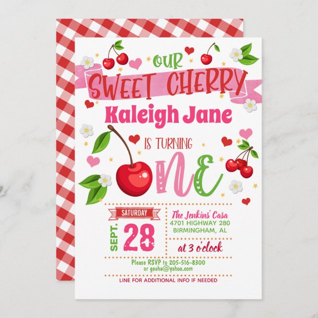 Cherry First Birthday Invitation (Front/Back)