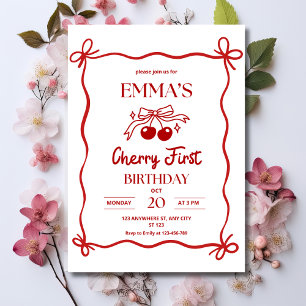 Cherry First Birthday Invitation, Red Bow Berries Invitation